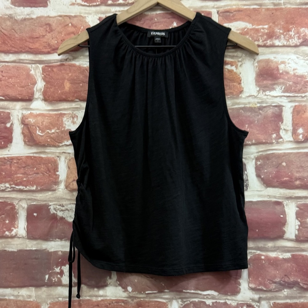 Express Top Women's Large Plain Black Slubbed Ruched Side Tie Casual Tank Shirt
